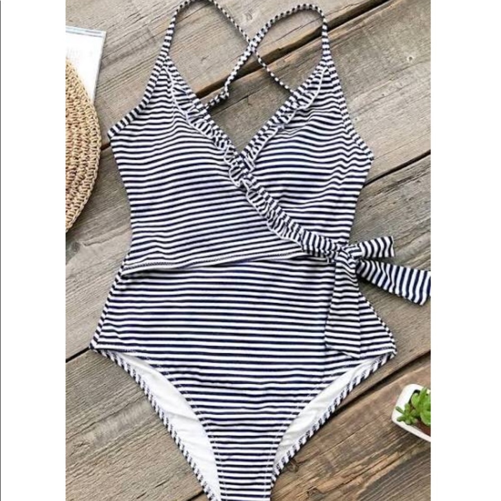 Navy and white Striped Bathing Suit